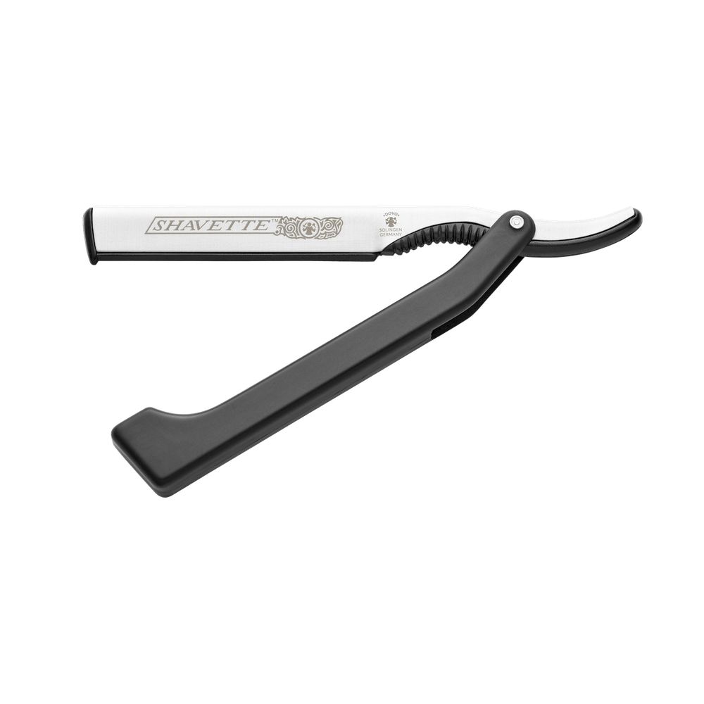 DOVO Shavette Rasiermesser mit schwarzem Griff und silberner Klinge. Text auf Klinge: SHAVETTE.
