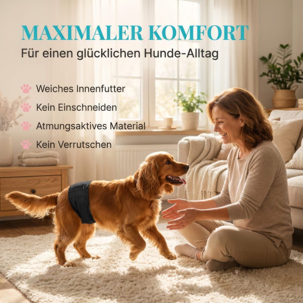 Frau und Hund mit Windel. Text: Maximaler Komfort. Weiches Innenfutter, atmungsaktives Material.