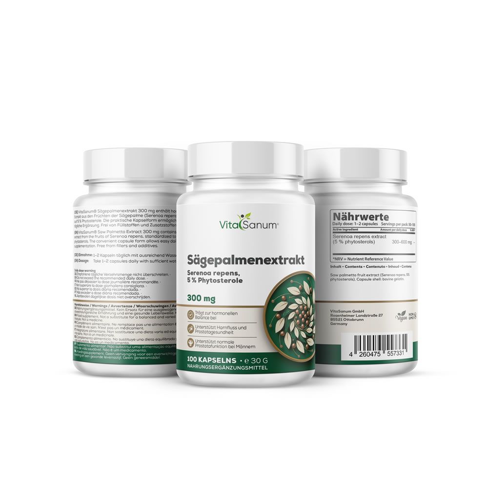 Drei weiße Flaschen VitaSanum Sägepalmenextrakt. Aufschrift: 300 mg, 100 Kapseln, 5% Phytosterole. Grün-weiße Etiketten mit Produktinformationen.