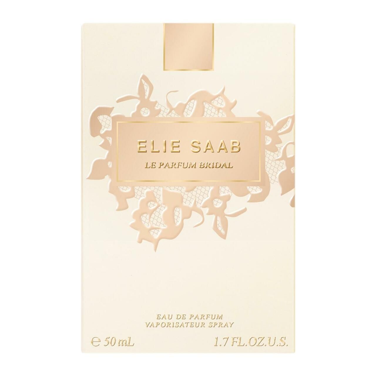 Verpackung mit floralem Muster. Aufschrift: ELIE SAAB LE PARFUM BRIDAL. Beige Hintergrund. E 50 ml, 1.7 FL.OZ.U.S.