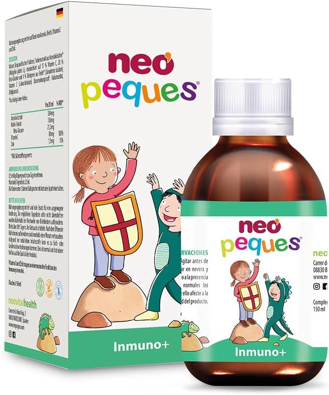 Neo Peques Inmuno+ Sirup-Fläschchen und Schachtel. Auf der Schachtel sind Nährwertangaben und eine Illustration von Kindern zu sehen.