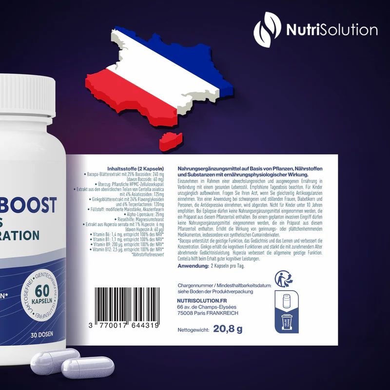 Produktflasche mit Verpackung und Inhaltsstoffen. Aufschrift: Neuro Boost, 60 Kapseln. Made in France. Barcode und Frankreich-Umriss.