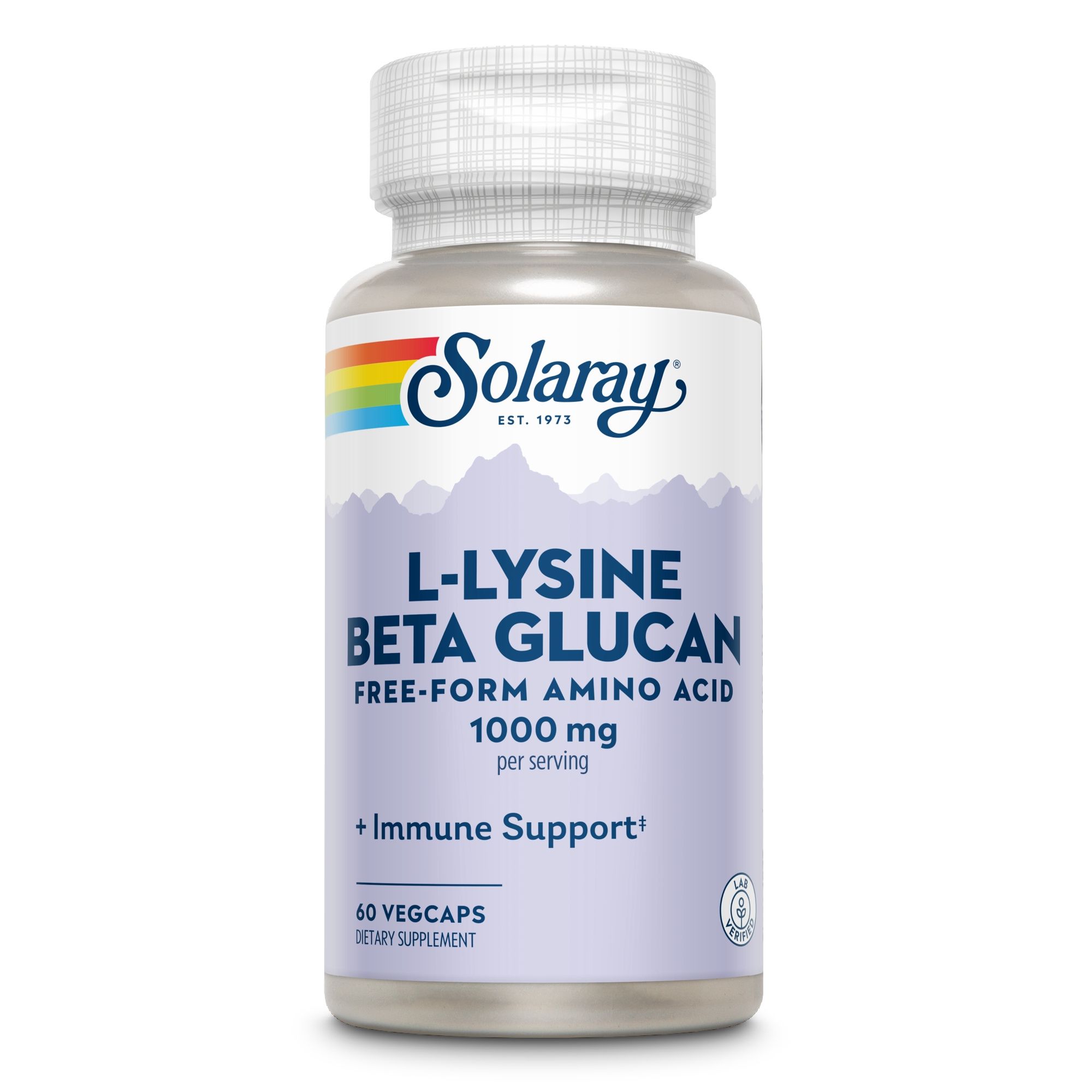Solaray L-Lysin Beta Glucan. Weiße Flasche mit Kapseln. Text: L-Lysin, Beta Glucan, 1000 mg, + Immune Support, 60 Vegcaps, Dietary Supplement.