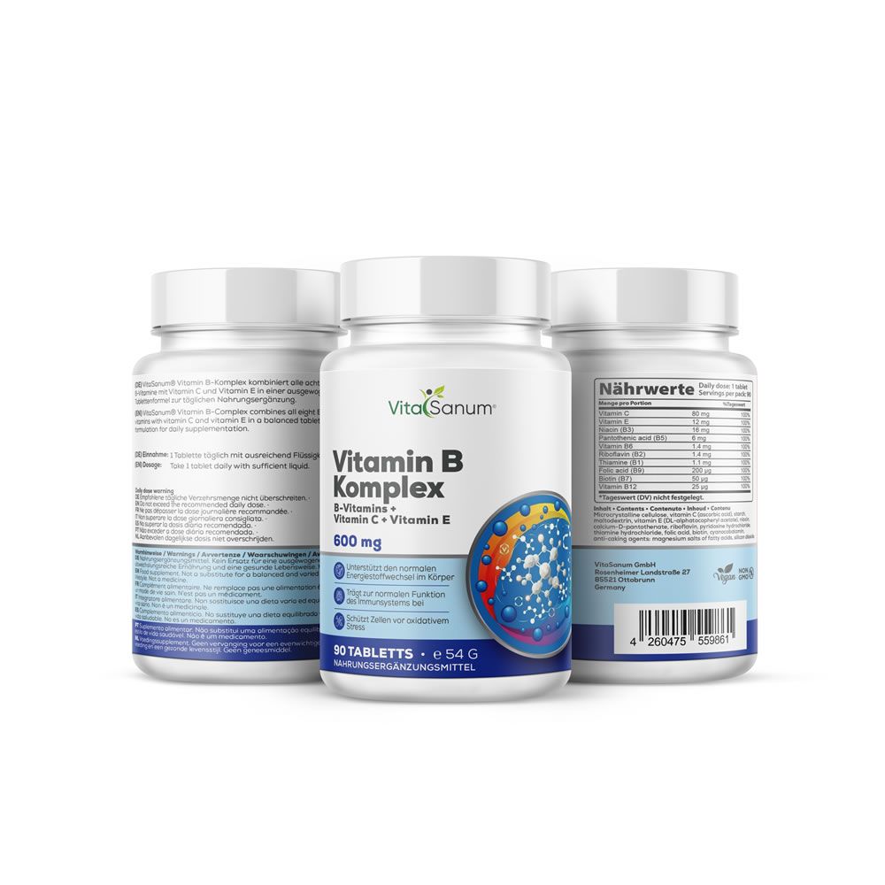 Drei Flaschen VitaSanum Vitamin B-Komplex. Weiße Flaschen mit Etiketten. 30 Tabletten. Nahrungsergänzungsmittel.
