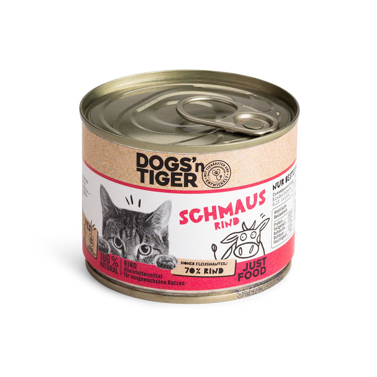 Eine Dose Katzenfutter. Aufschrift: DOGS'N TIGER SCHMAUS Rind. Abbildung einer Katze. 70% Rindfleischanteil.
