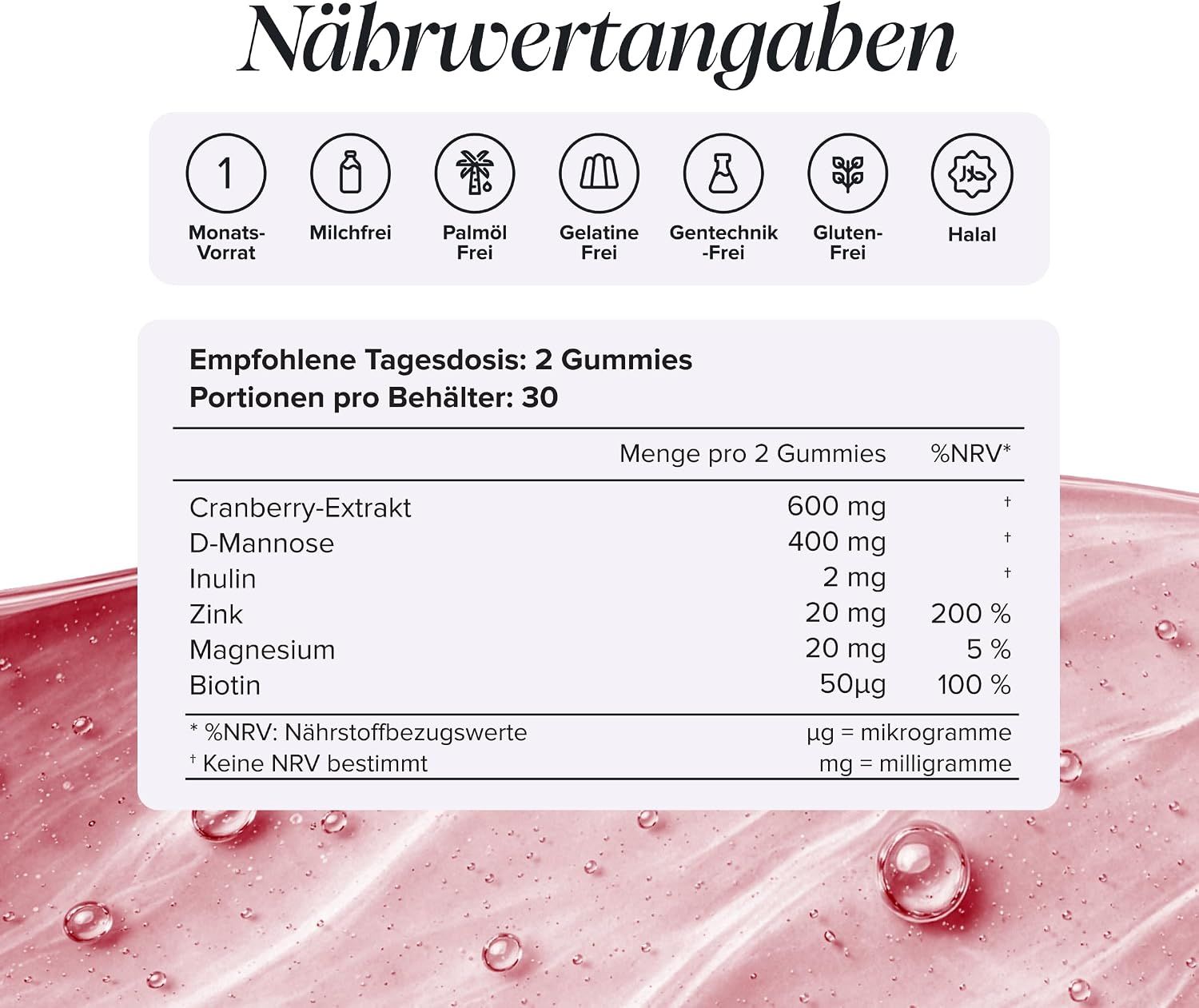 Nährwertangaben für Gummibonbons: Cranberry-Extrakt, D-Mannose, Zink, Magnesium, Biotin.