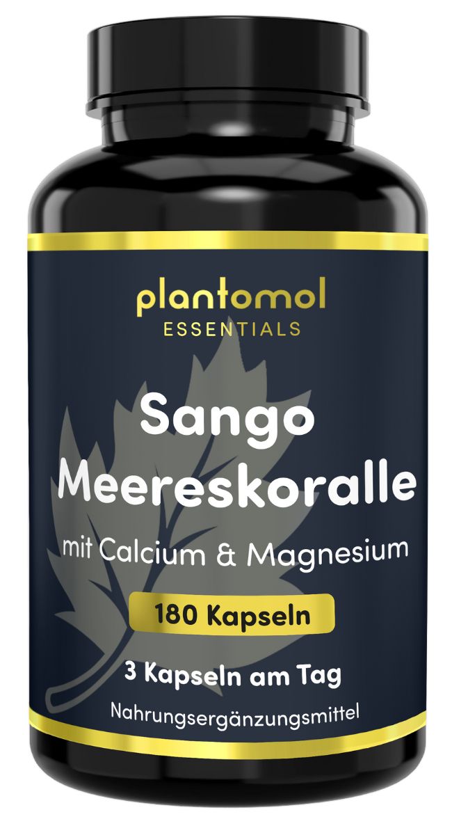 Dunkle Flasche mit schwarzem Deckel. Aufschrift: plantomol Essentials, Sango Meereskoralle mit Calcium & Magnesium, 180 Kapseln. Nahrungsergänzungsmittel.
