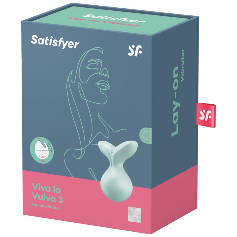 Verpackung von 'Satisfyer'. Produkt: 'Viva la Vulva 3'. Abbildung des Produkts und einer Frau.