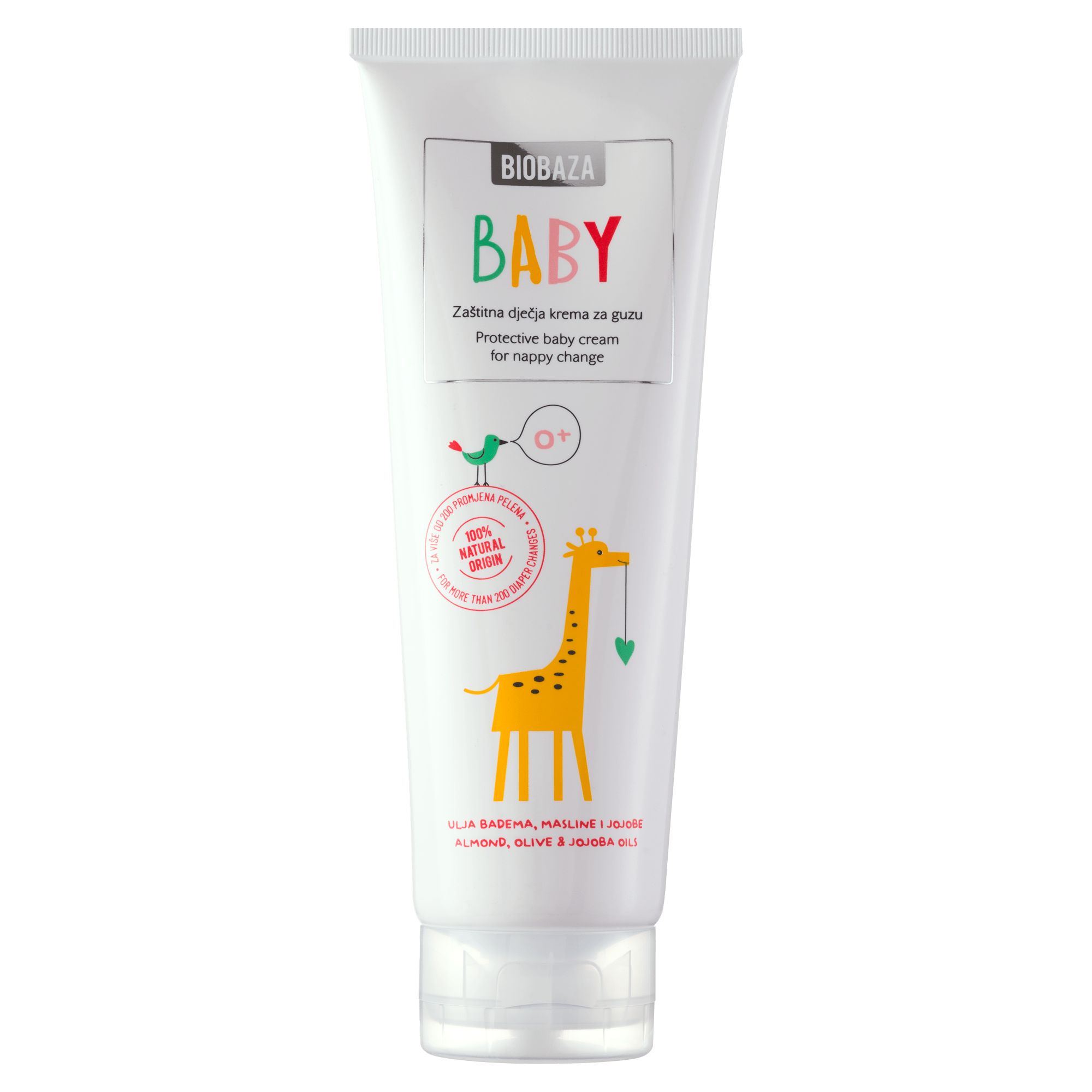 Weiße Tube mit Aufschrift BIOBAZA BABY. Enthält Illustrationen von Vogel und Giraffe. Text: Protective baby cream for nappy change.