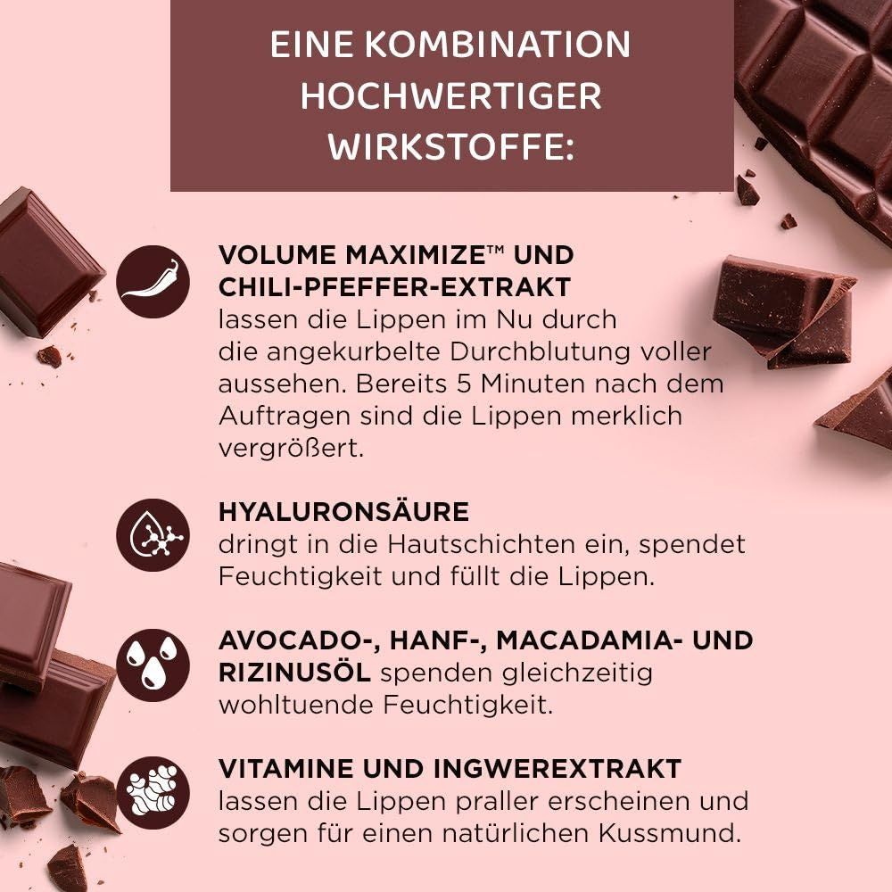 Text mit Inhaltsstoffen: Volume Maximize, Chili-Pfeffer-Extrakt, Hyaluronsäure, Avocado-, Hanf-, Macadamia-Öl, Vitamine.