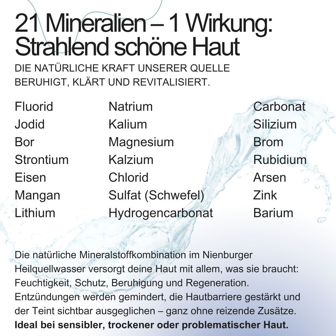 Infografik mit 21 Mineralien. Aufschrift: 21 Mineralien - 1 Wirkung: Strahlend schöne Haut. Auflistung der Mineralien.