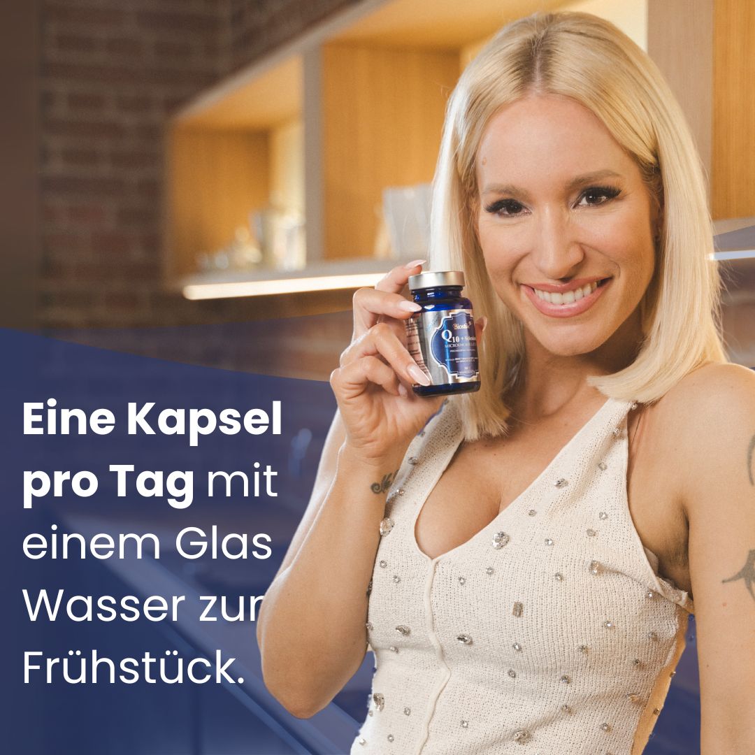 Verpackung und Flasche Biostile BMT Q10 + Selen mit Siegeln.