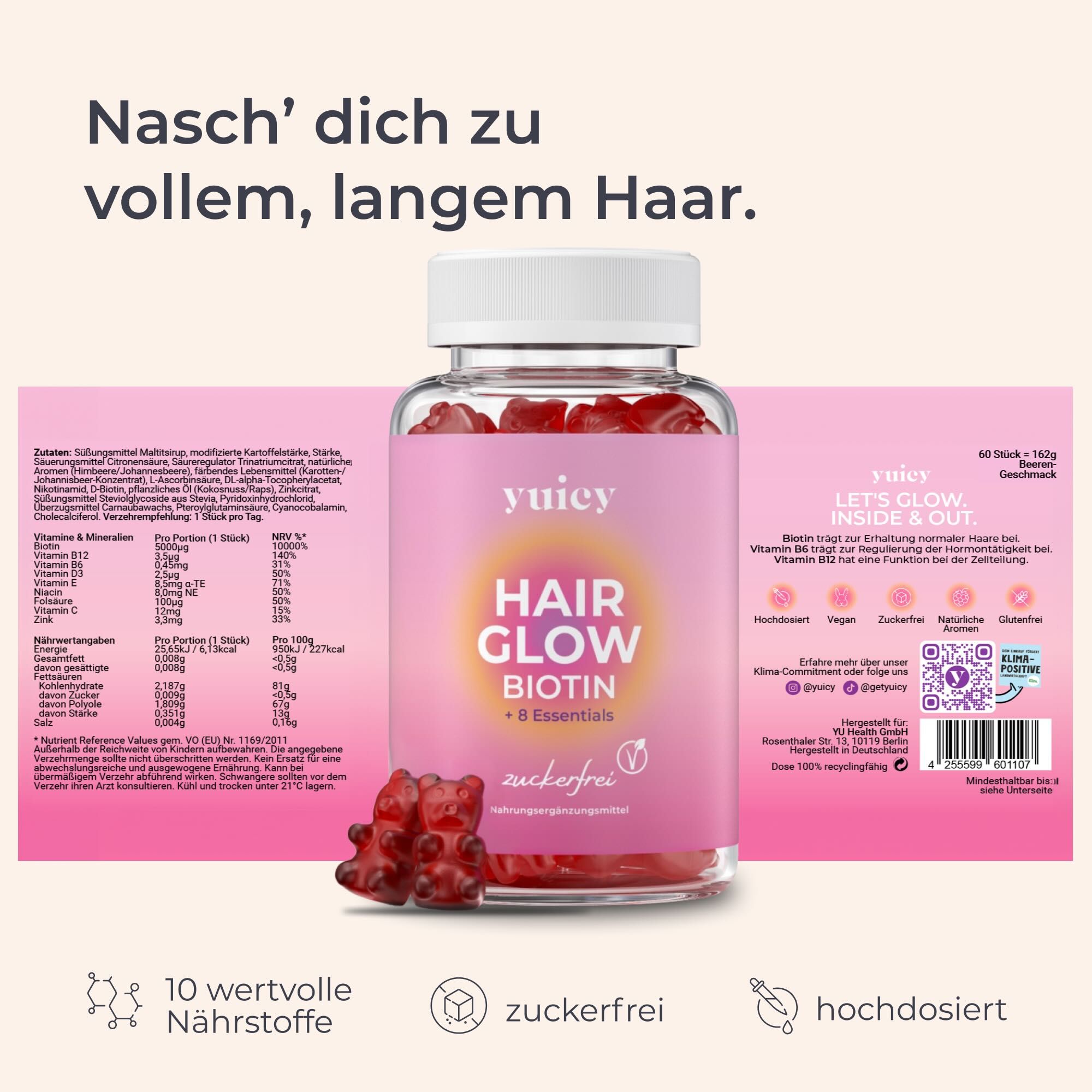 yuicy® Hair Glow Biotin Flasche. Rosa Etikett, Gummibärchen. 10 Nährstoffe, zuckerfrei, hochdosiert. Text: Lets Glow Inside & Out.