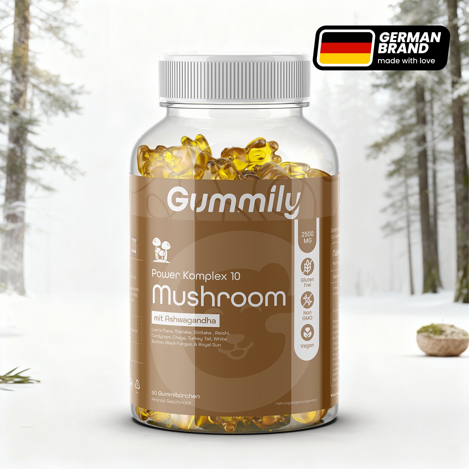 Glasflasche mit Gummibärchen. Aufschrift: Gummily Power Komplex 10 Mushroom mit Ashwagandha. Vegan, glutenfrei, ohne GMO.