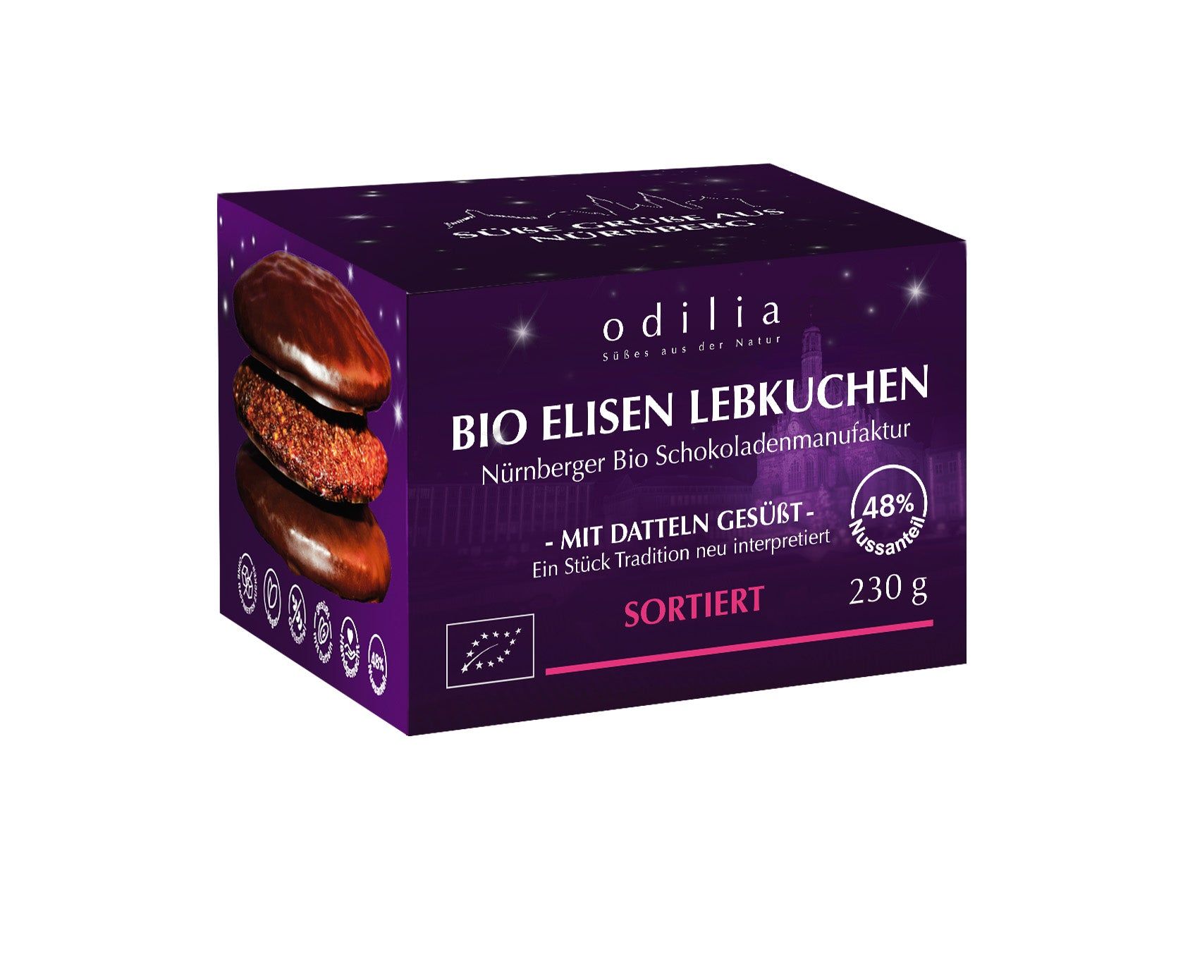 Odilia Bio Elisen Lebkuchen, 230g Packung mit drei Lebkuchen.
