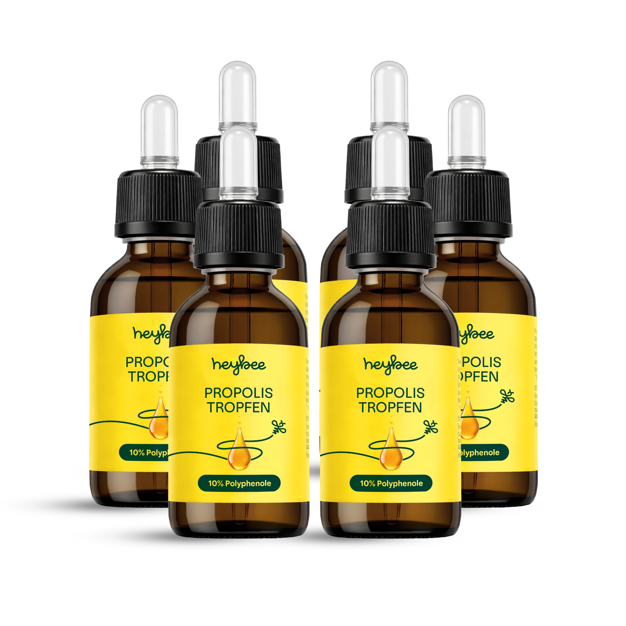 Mehrere braune Glasflaschen mit Produktnamen und gelben Etiketten. 10% Polyphenole.