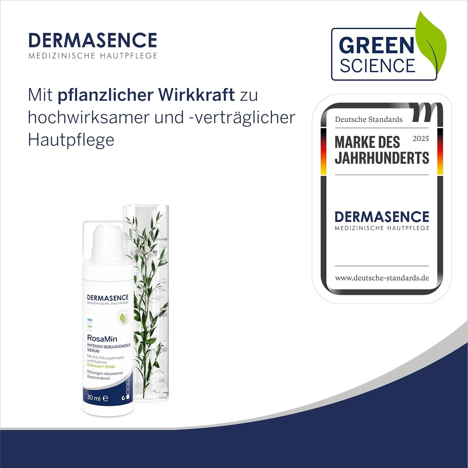 Serumflasche mit Pflanzen, Logo und Auszeichnung. Text: Marke des Jahrhunderts. Green Science.