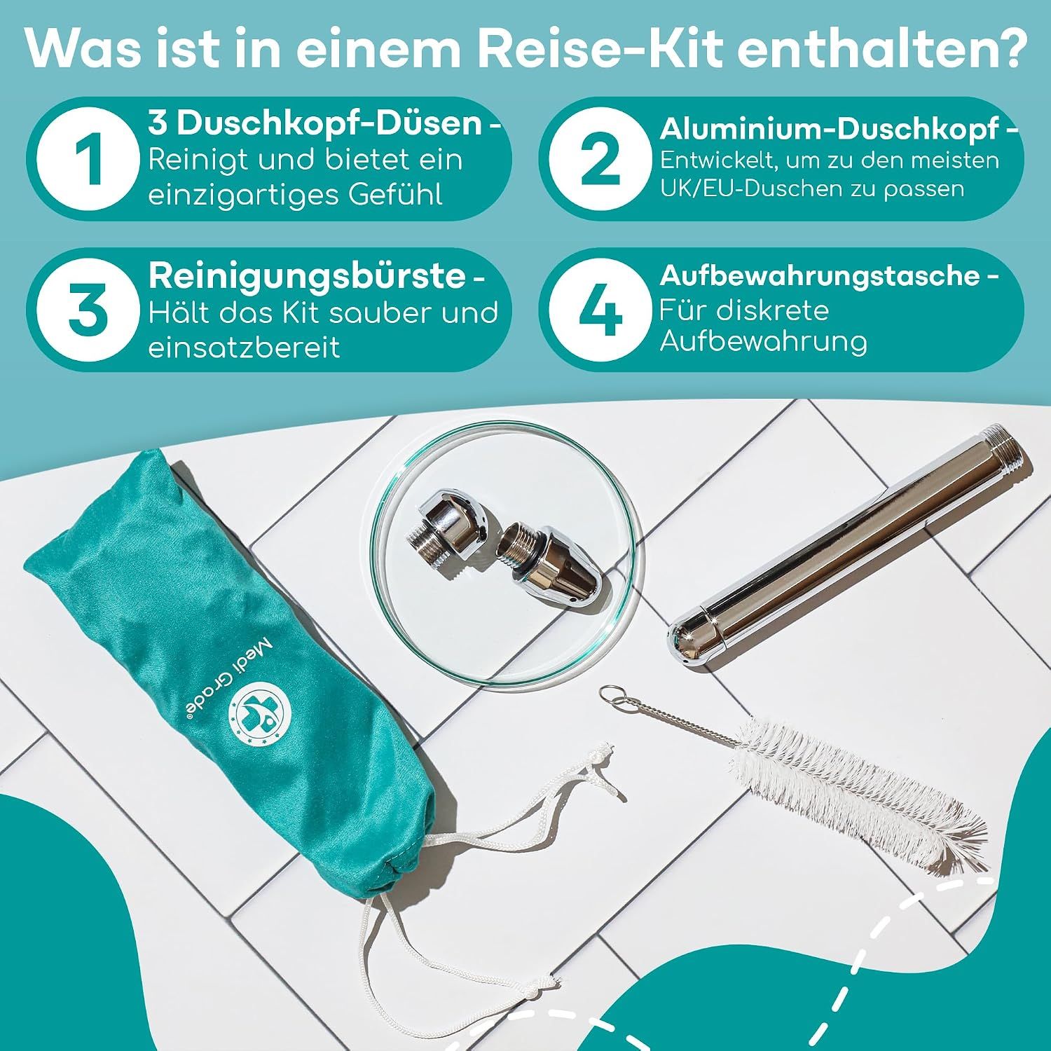 Reinigungsset für Duschköpfe mit Bürste, Düsen und Tasche.