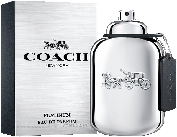 Coach Platinum Eau de Parfum Flakon und Verpackung. Silberfarbener Flakon mit Logo und Anhänger. Rechteckige Verpackung.