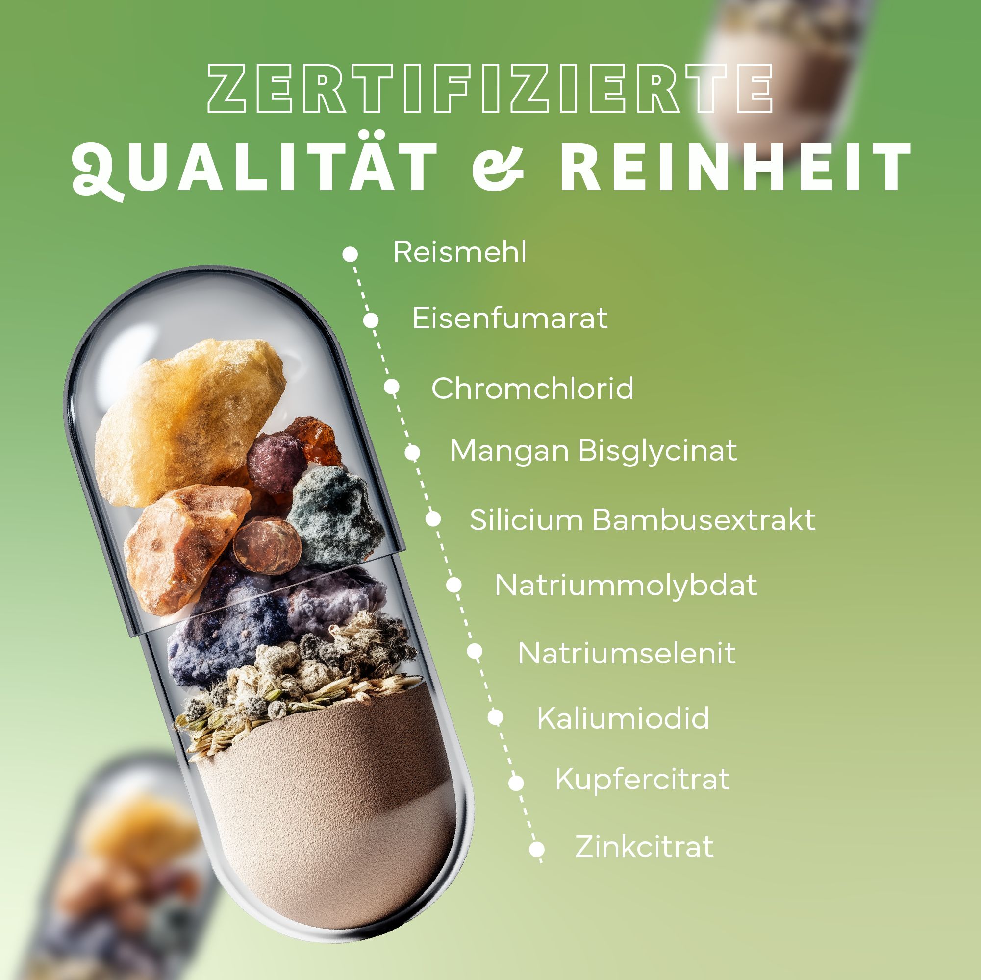 Geöffnete Kapsel mit Inhaltsstoffen: Reis, Eisenfumarat, Chromchlorid, Mangan Bisglycinat, Silicium, Natriummolybdat, Natriumselenit, Kaliumiodid, Kupfercitrat, Zinkcitrat.
