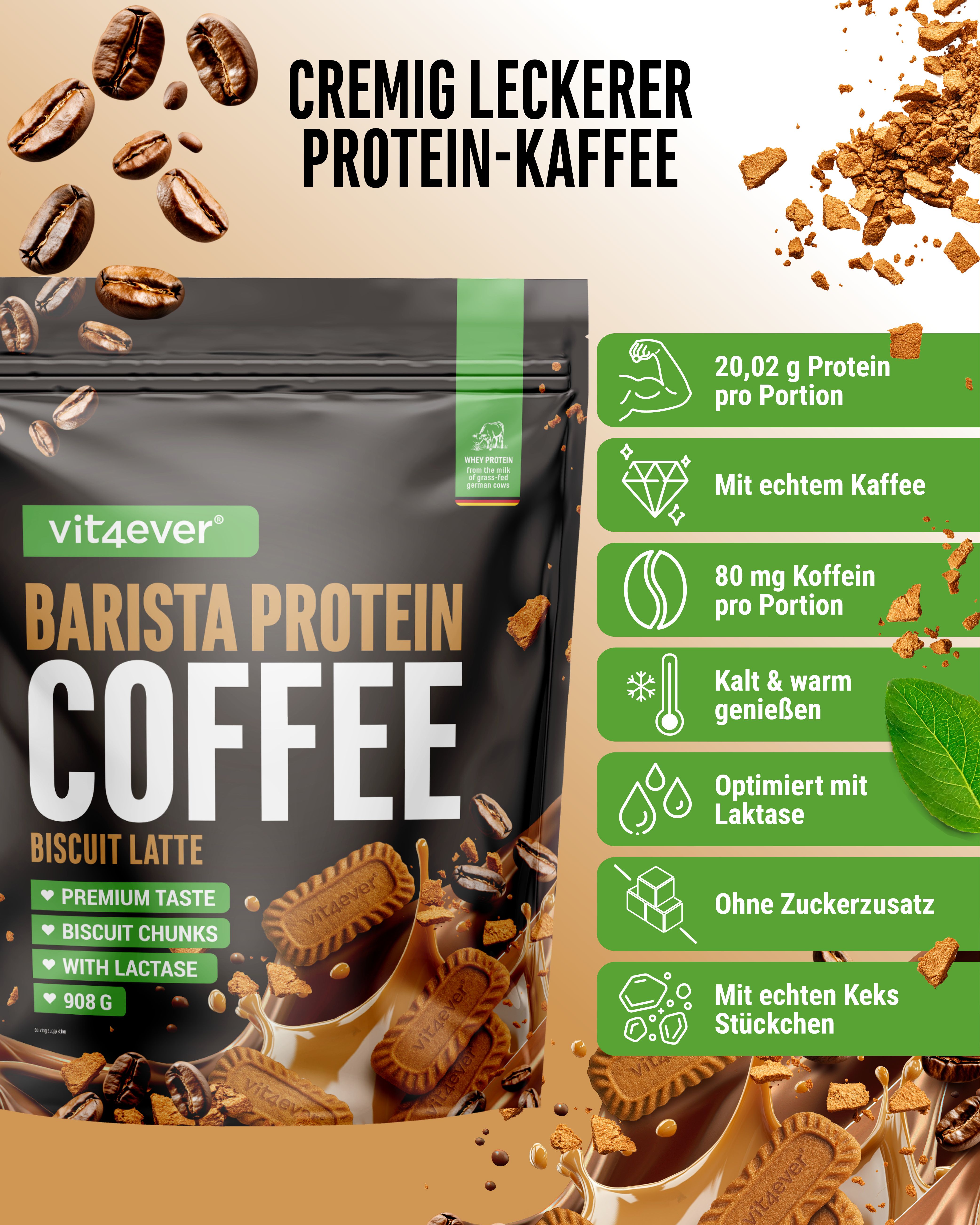 Verpackung "vit4ever Barista Protein Coffee". Text: "Cremig leckerer Protein-Kaffee". Enthält Protein, Koffein, und Laktase.