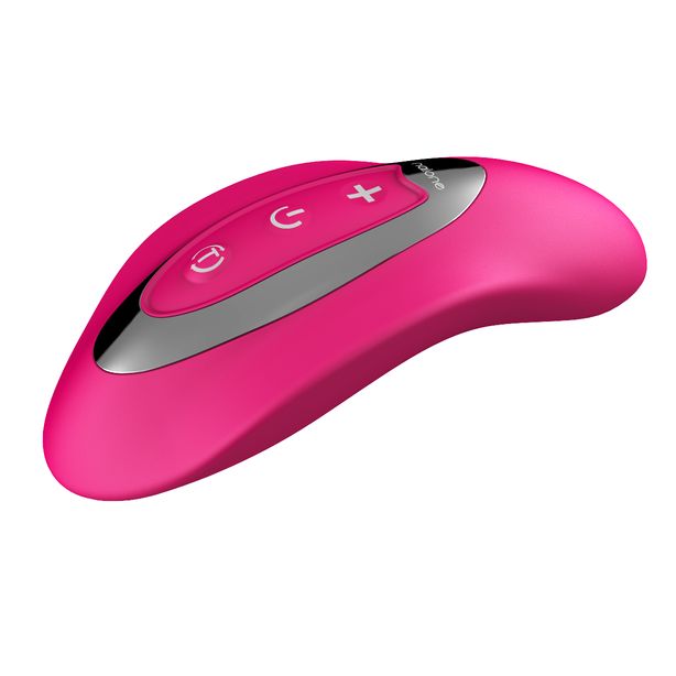 Pinkfarbener Stimulator mit geschwungener Form. Silberne Akzente und drei Knöpfe. Marke Nalone.