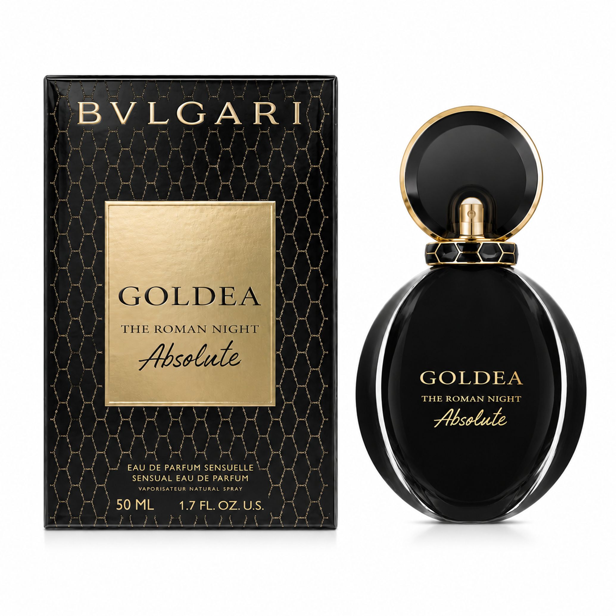 Bvlgari Goldea The Roman Night Absolute EDP Spray Flasche und Verpackung, 50ml.
