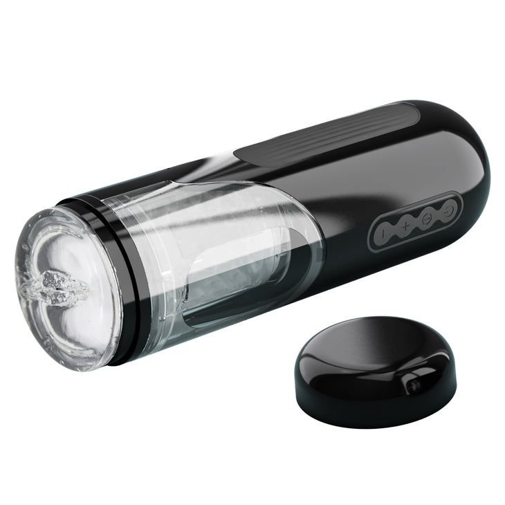 Schwarzes, zylindrisches Gerät mit abnehmbarer Kappe. Transparenter Einsatz sichtbar.