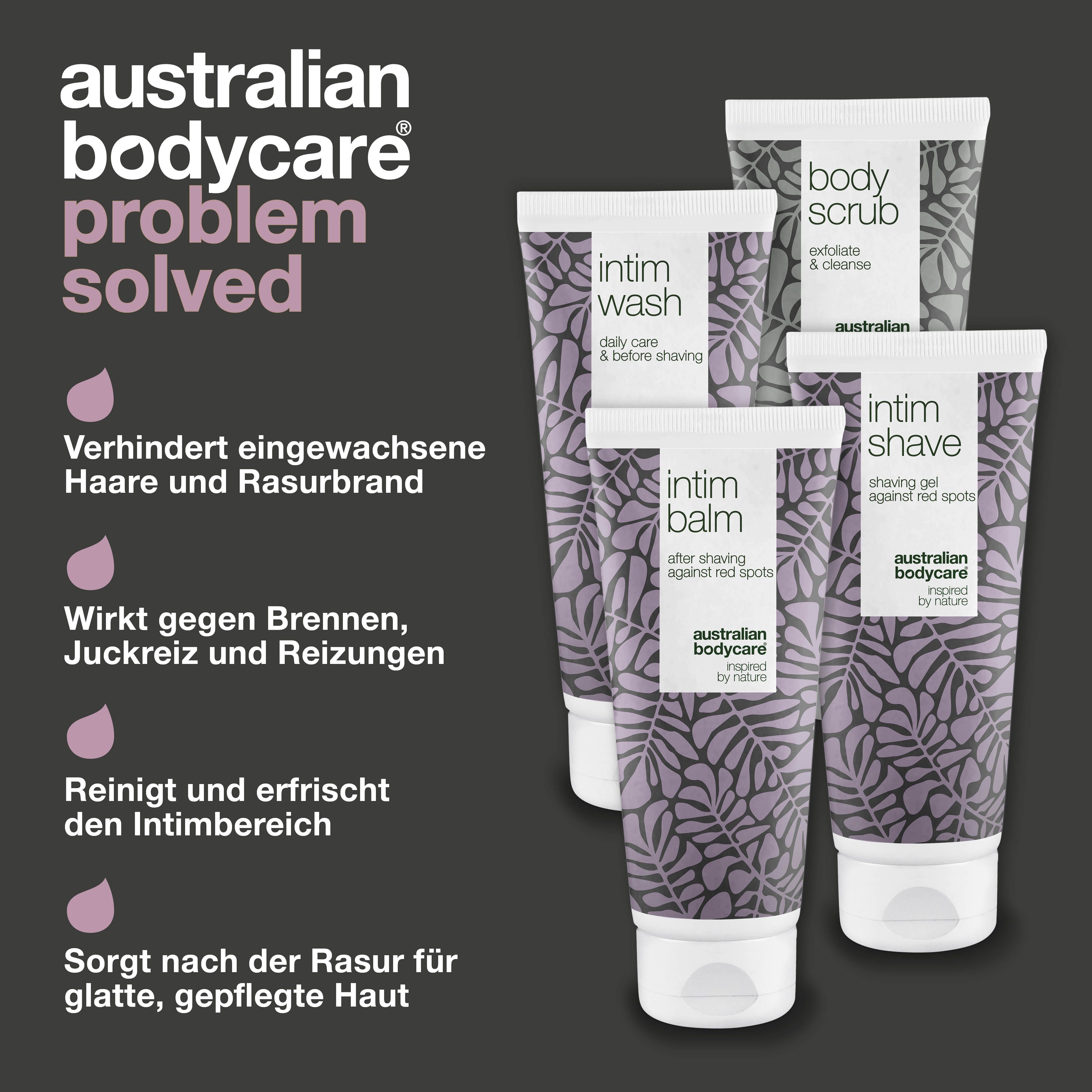 Problem gelöst. Produkte: Intim Wash, Intim Balm, Intim Shave, Body Scrub. Text über Vorteile.