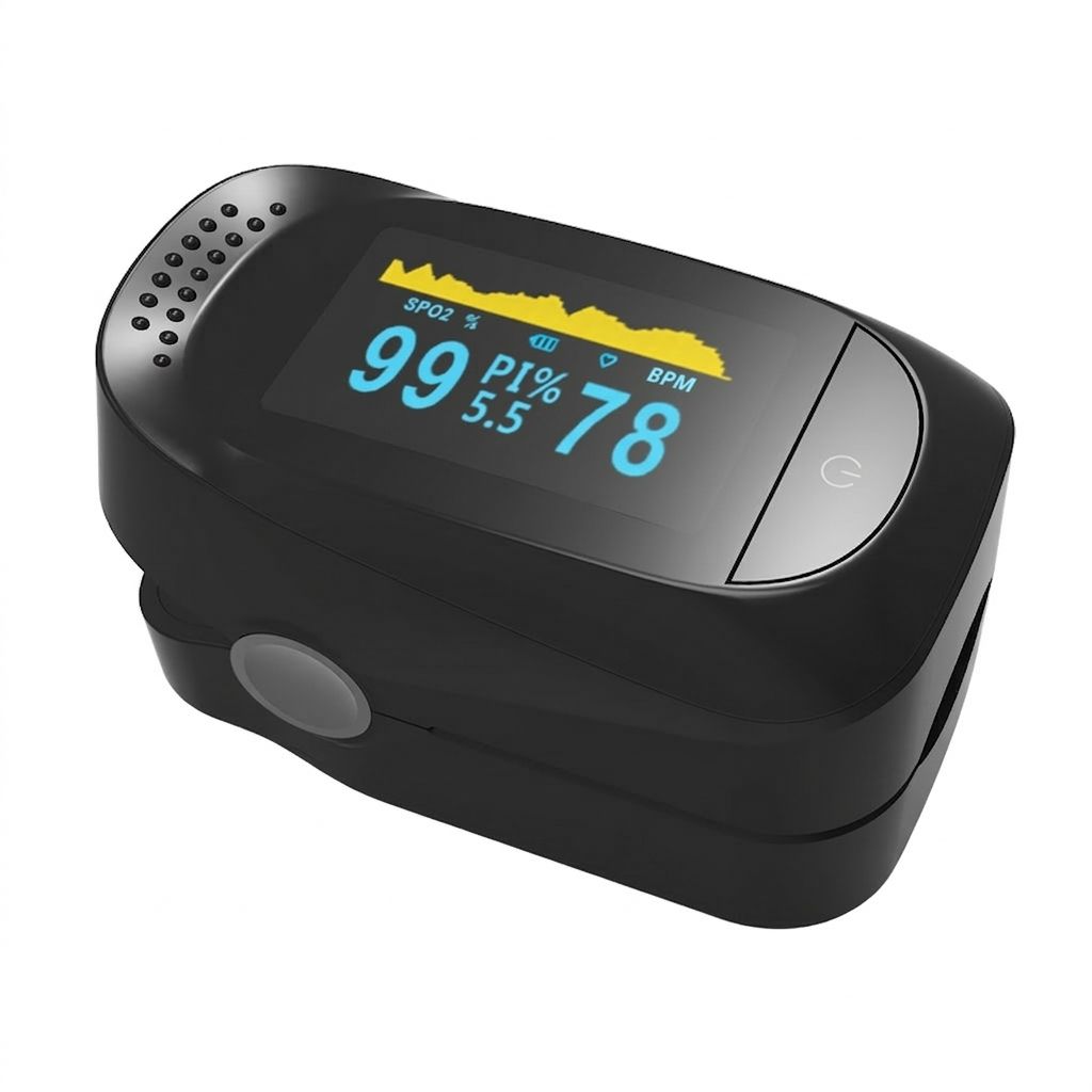 Schwarzes Pulsoximeter mit Display. Anzeige von SpO2, PI% und BPM-Werten. Graue Taste und Ein/Aus-Taste.