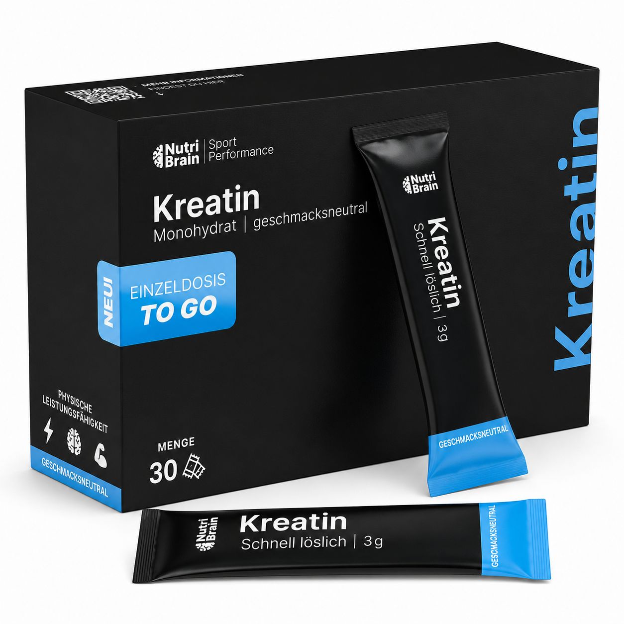 Kreatin Monohydrat Sticks und Box, 30 Sticks, geschmacksneutral, für körperliche Leistungsfähigkeit.