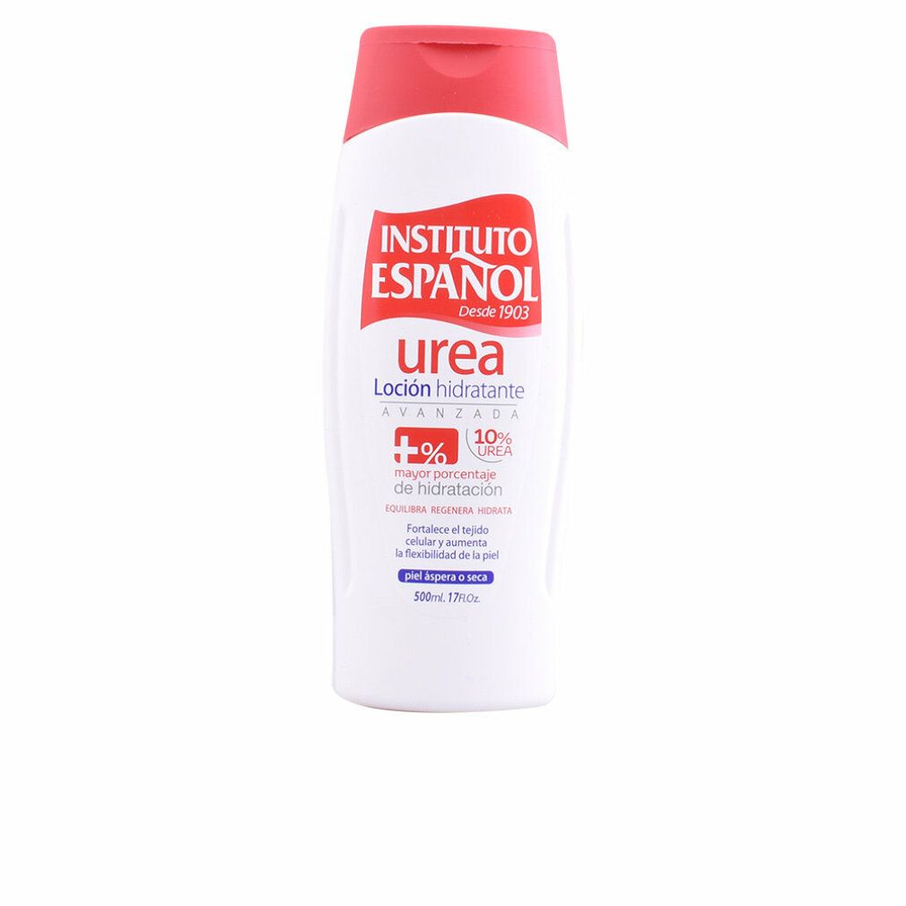 Weiße Flasche mit rotem Deckel. Aufschrift Instituto Español Urea. Loción hidratante. 10% Urea. Für trockene Haut.