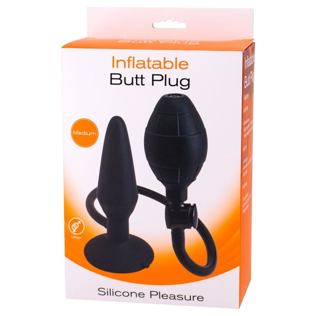 Schwarzer Analplug mit aufblasbarem Teil und Ring. Verpackung mit Aufschrift "Inflatable Butt Plug".