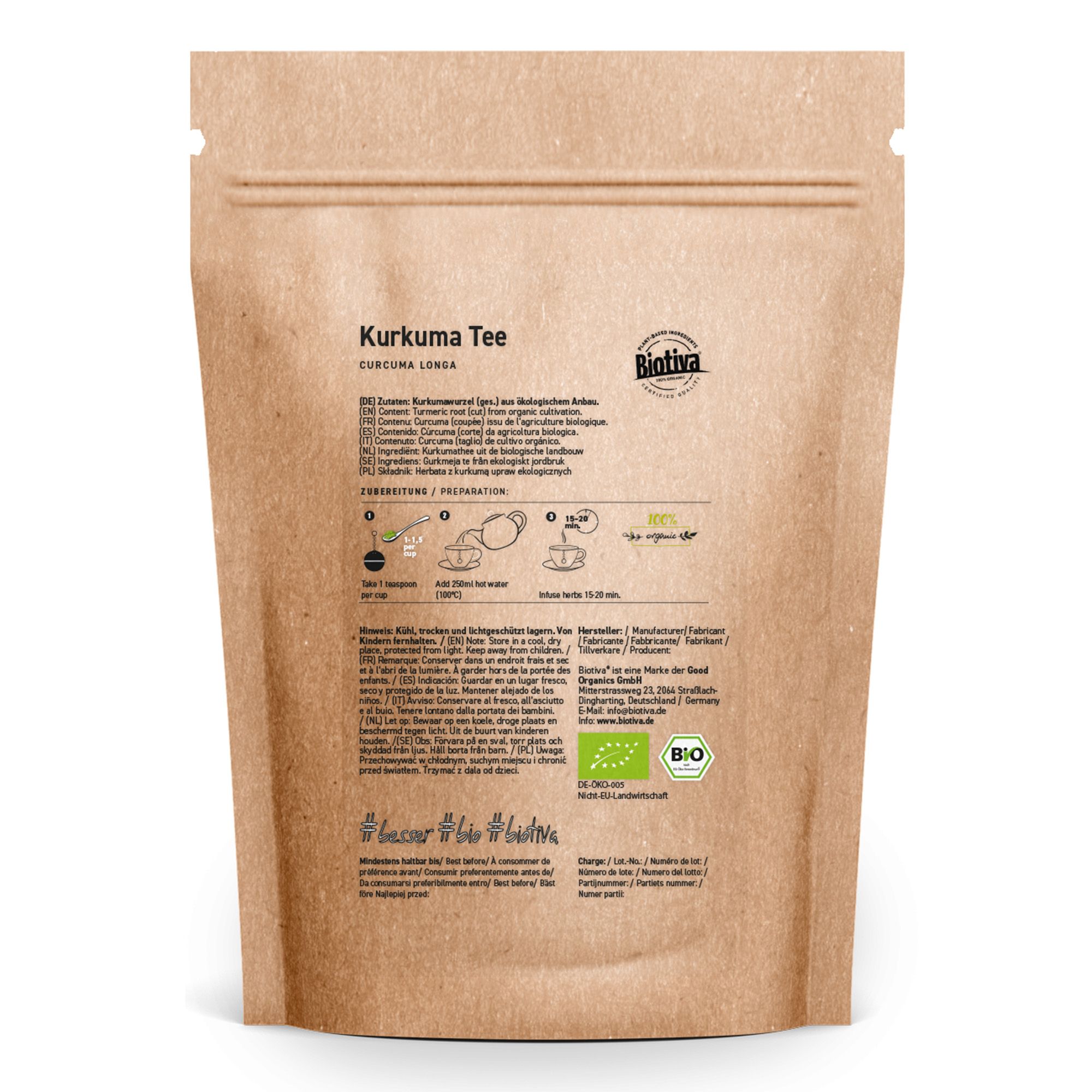 Rückseite der Kurkuma Tee Verpackung. Enthält Informationen, Zubereitungshinweise und das Bio-Siegel. Logo 'Biotiva'.