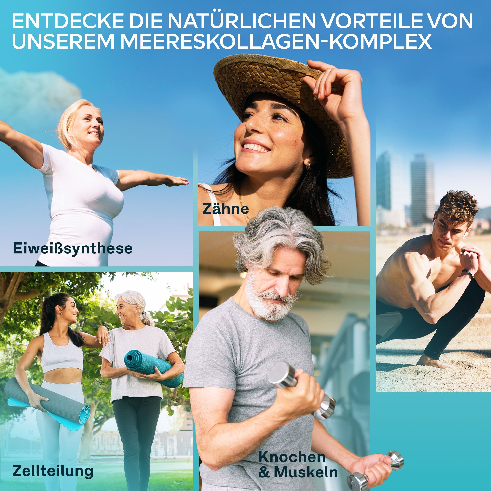 Bilder von Menschen, die verschiedene Aktivitäten ausüben. Enthält Protein, Zähne, Zellteilung, Knochen und Muskeln.