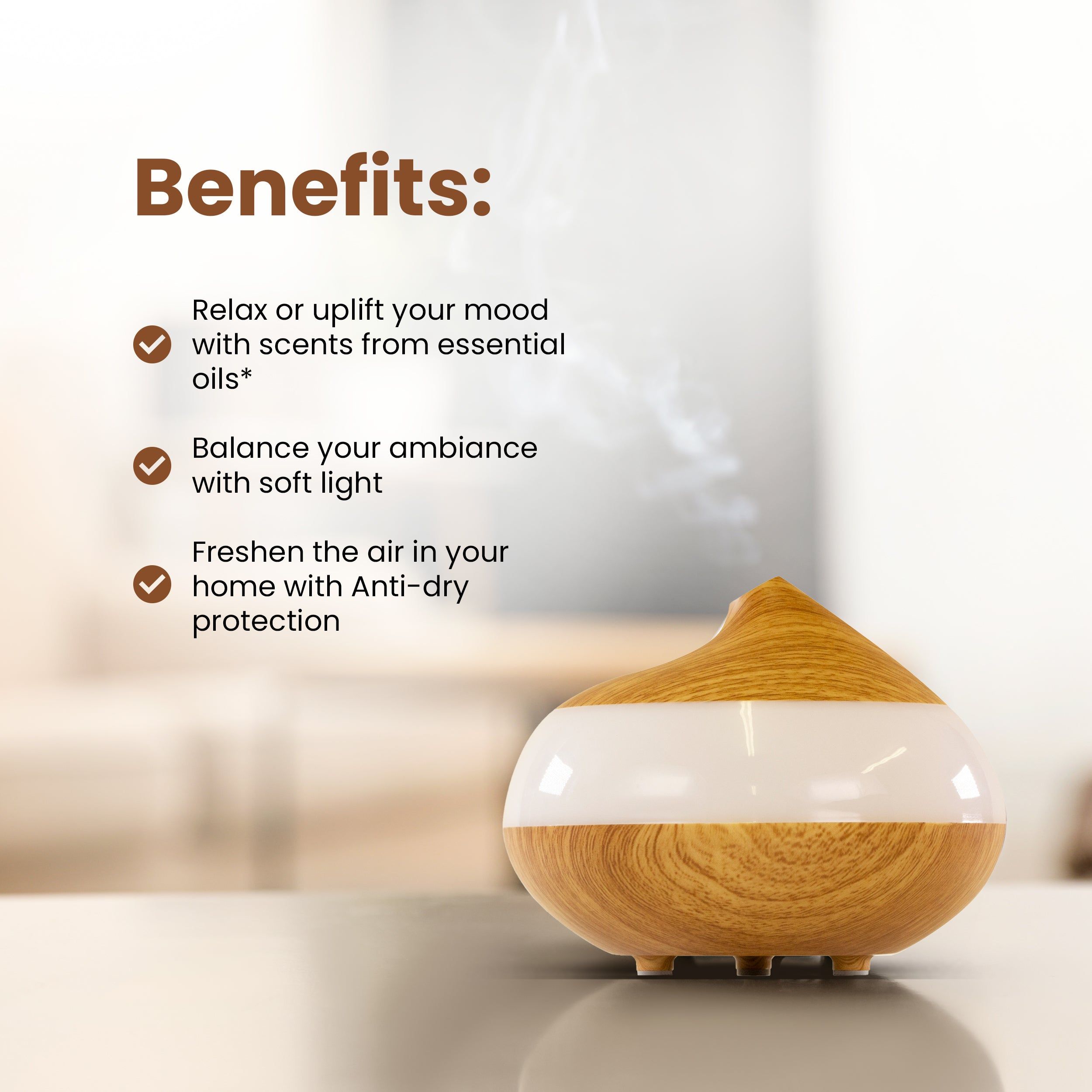 Aromadiffusor aus Holz mit weißem Band. Dampf steigt auf. Text: Benefits: Relax or uplift your mood.