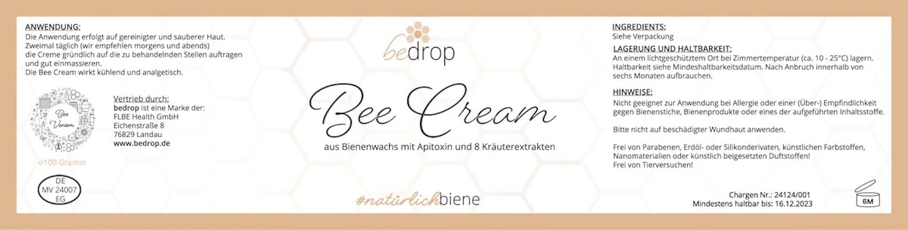 bedrop Bee Cream Bienengiftsalbe und 8 Kräuterextrakten