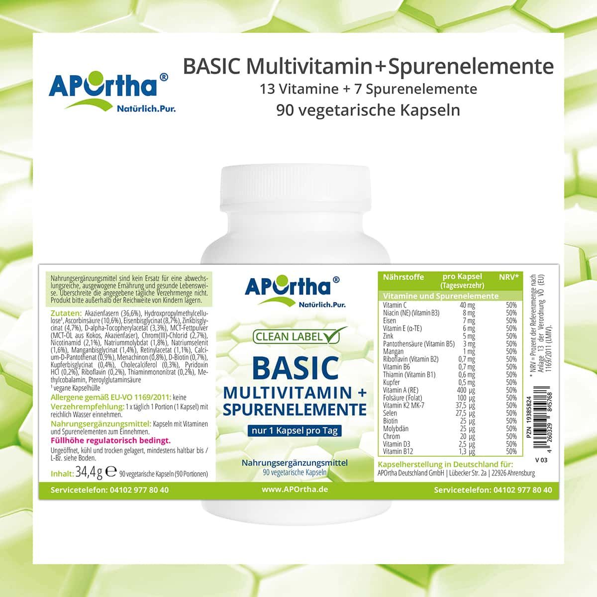 Weiße Flasche mit Etikett. Text: APOrtha®, BASIC Multivitamin + Spurenelemente, 90 vegetarische Kapseln. Nährwertangaben. Clean Label. Nur 1 Kapsel pro Tag.
