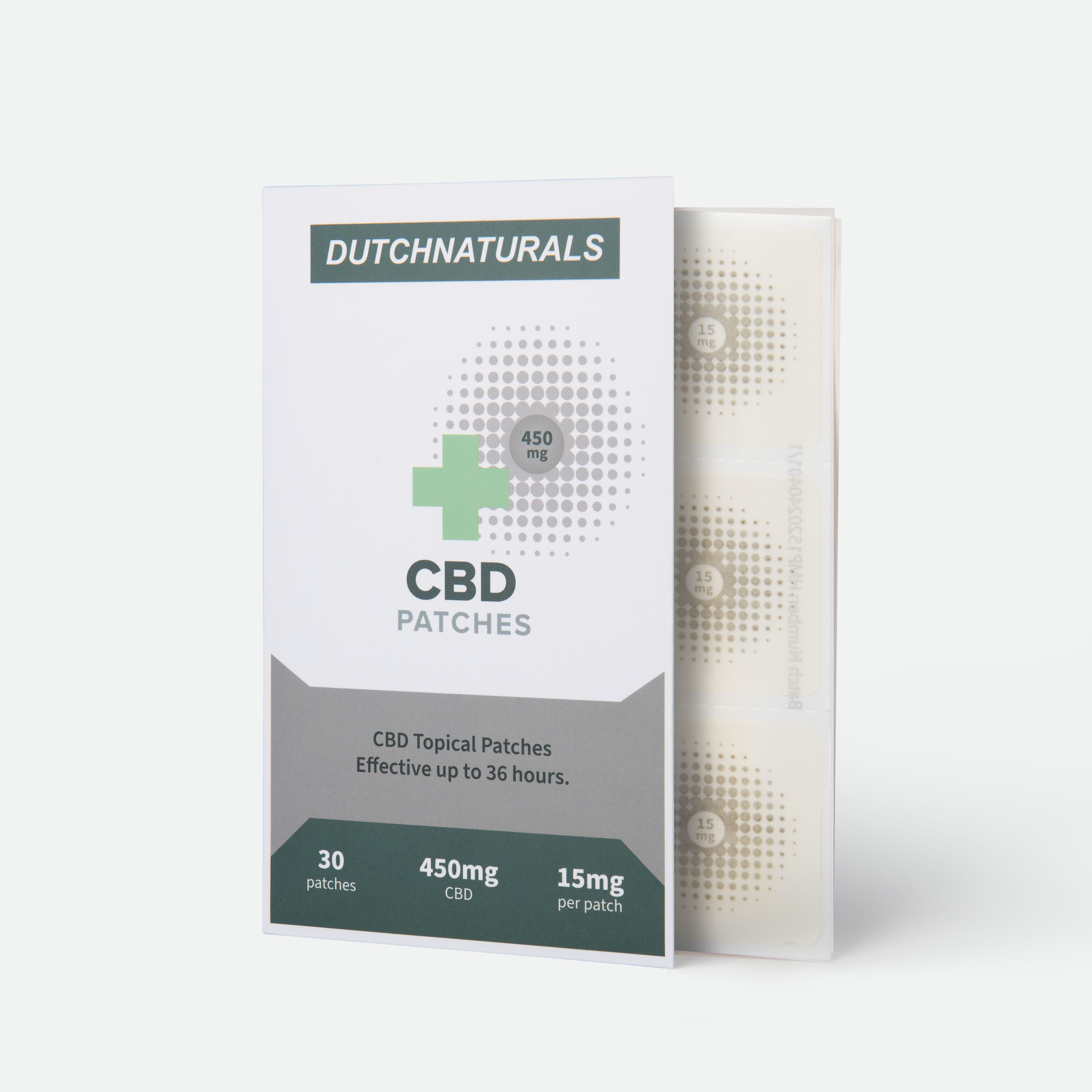 Verpackung mit CBD-Pflastern. Text: DUTCHNATURALS, CBD PATCHES, 450mg CBD, 30 Pflaster.