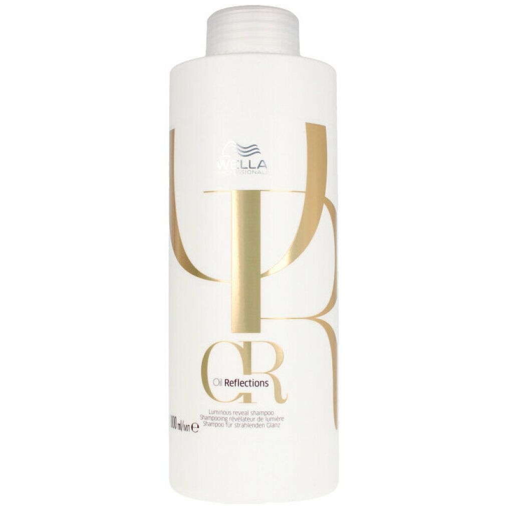 Weiße Shampoo-Flasche mit goldfarbenem Logo und Schriftzug. Aufschrift: Oil Reflections.