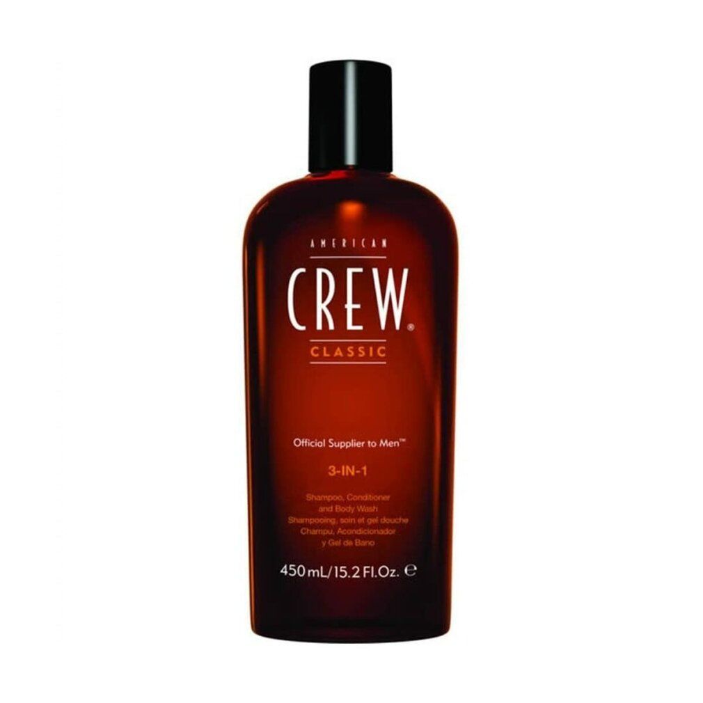 Braune Flasche mit schwarzem Deckel. Aufschrift: AMERICAN CREW CLASSIC 3-IN-1. Enthält Shampoo, Conditioner und Duschgel. 450ml.