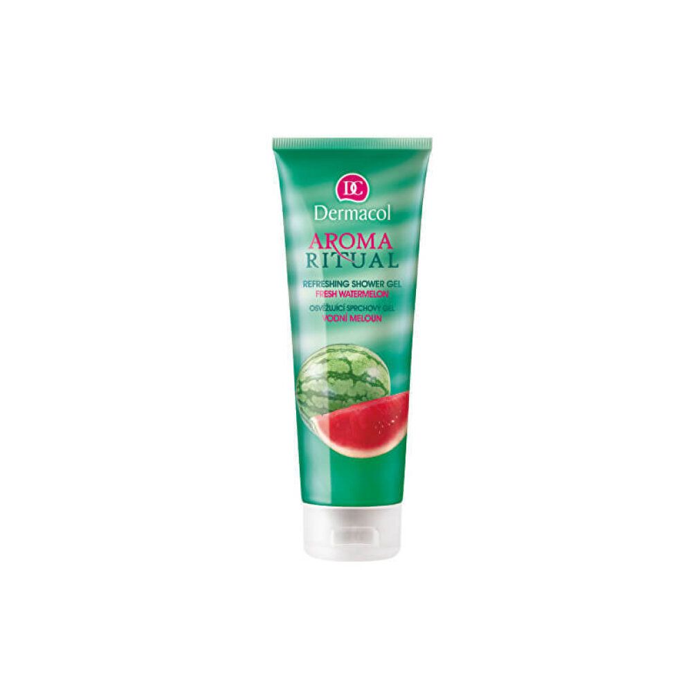 Grüne Tube mit Produktnamen und Wassermelonen-Illustration. Text: Aroma Ritual, Refreshing Shower Gel, Fresh Watermelon.