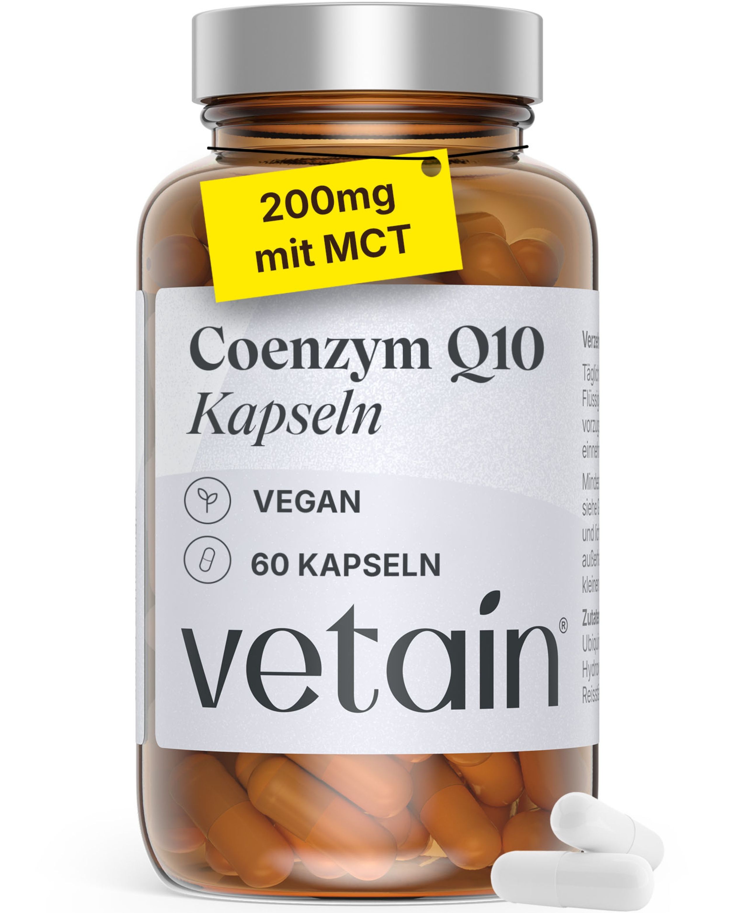 Braune Glasflasche mit weißen Kapseln. Etikett mit "Coenzym Q10 Kapseln", "60 Kapseln", "vegan" und "vetain". Gelbes Etikett "200mg mit MCT".