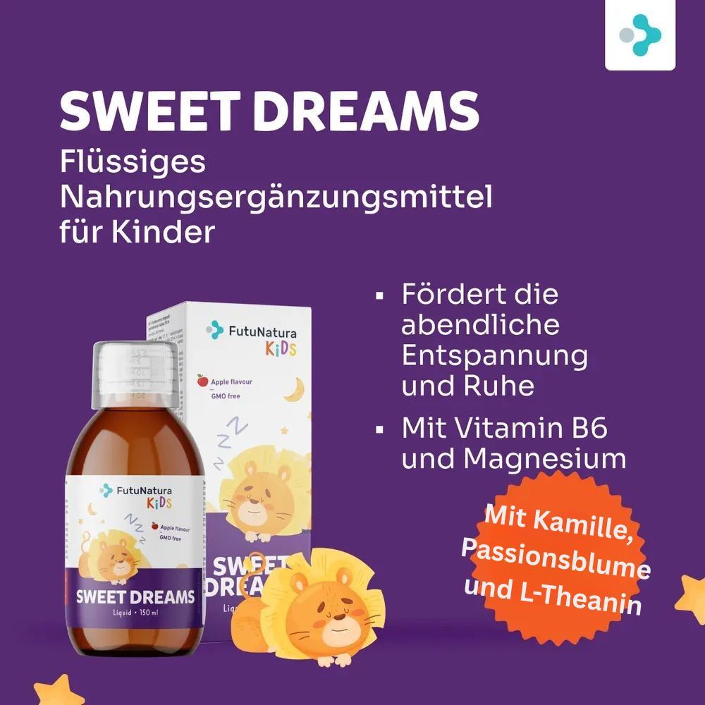 Flasche und Verpackung. Aufschrift: Sweet Dreams. Nahrungsergänzungsmittel für Kinder. Fördert Entspannung und Ruhe. Mit Vitamin B6 und Magnesium.