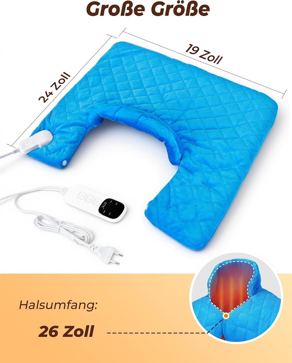 Frau trägt ein blaues Heizkissen für Nacken und Schultern. Gewicht 1.2LB.
