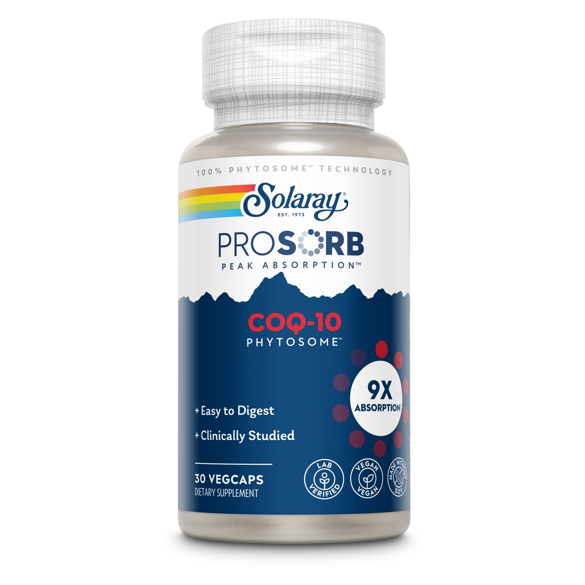 Solaray CoQ-10 ProSorb Flasche. 30 Vegcaps. Text: CoQ-10 Phytosome, 9X Absorption, leicht verdaulich, klinisch geprüft, vegan.