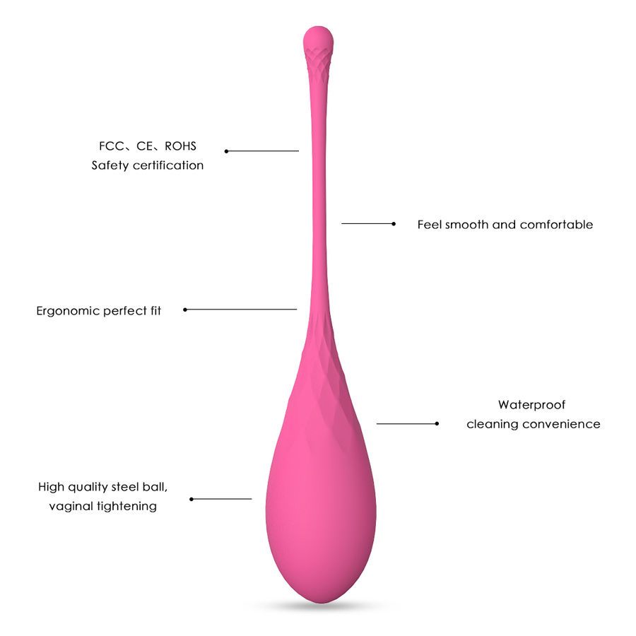 Einzelnes Kegel-Ei in Rosa. Beschriftung: FCC, CE, ROHS. Text: Ergonomisch, angenehm, wasserdicht.