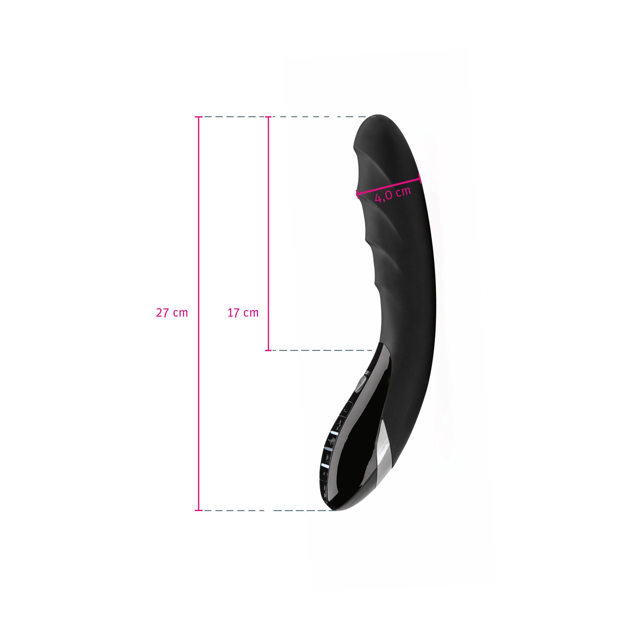 Schwarzes Wellness-Produkt. Maße: 27 cm lang, 17 cm breit, 4 cm dick. Mit glänzender Oberfläche und Knöpfen.