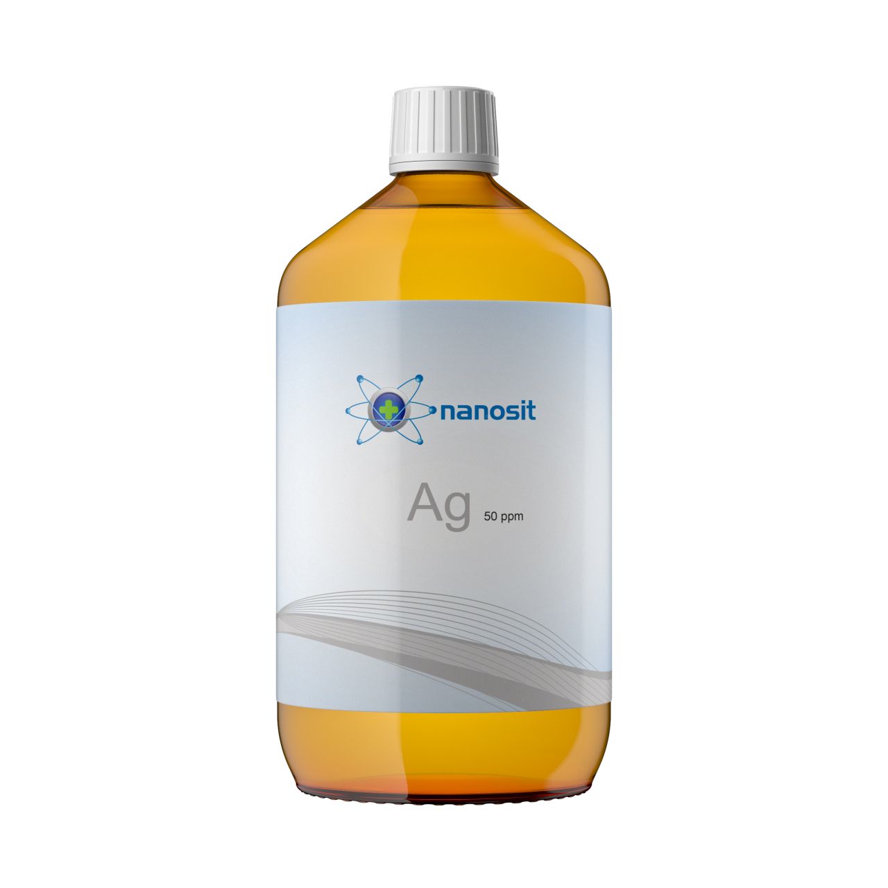Braune Glasflasche mit weißem Etikett. Aufschrift: nanosit, Ag 50 ppm. Weißer Schraubverschluss.