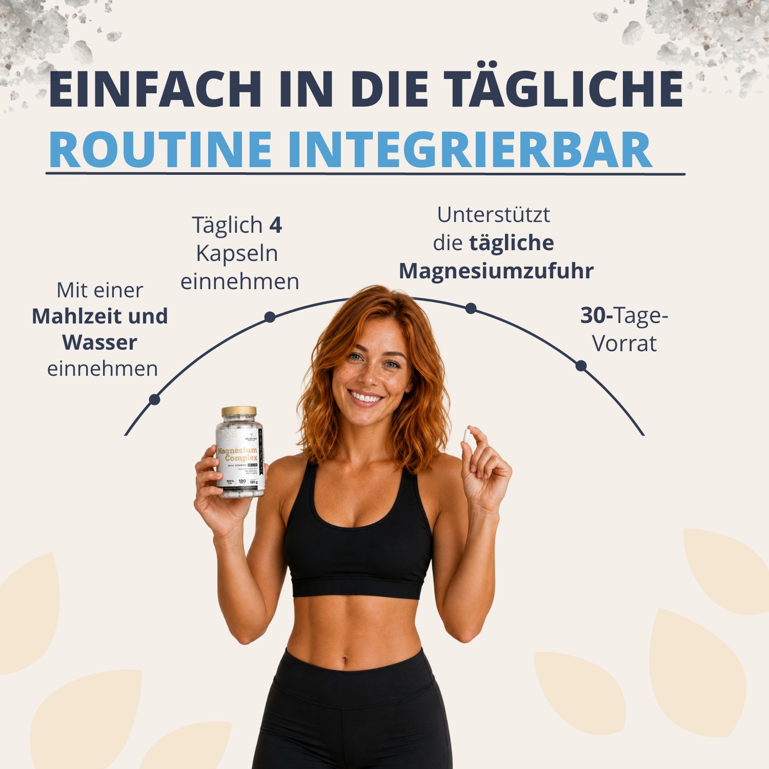 Frau hält eine Flasche Magnesium Complex und eine Kapsel. Infografik zeigt Einnahme.